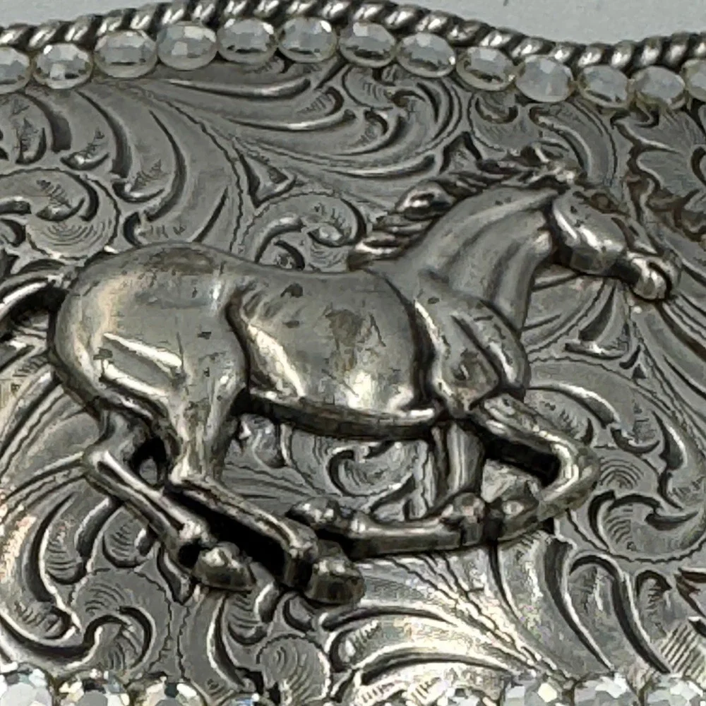 Western Horse Belt Buckle Silver Tone‎ Floral Engraved Rhinestone Border Rodeo